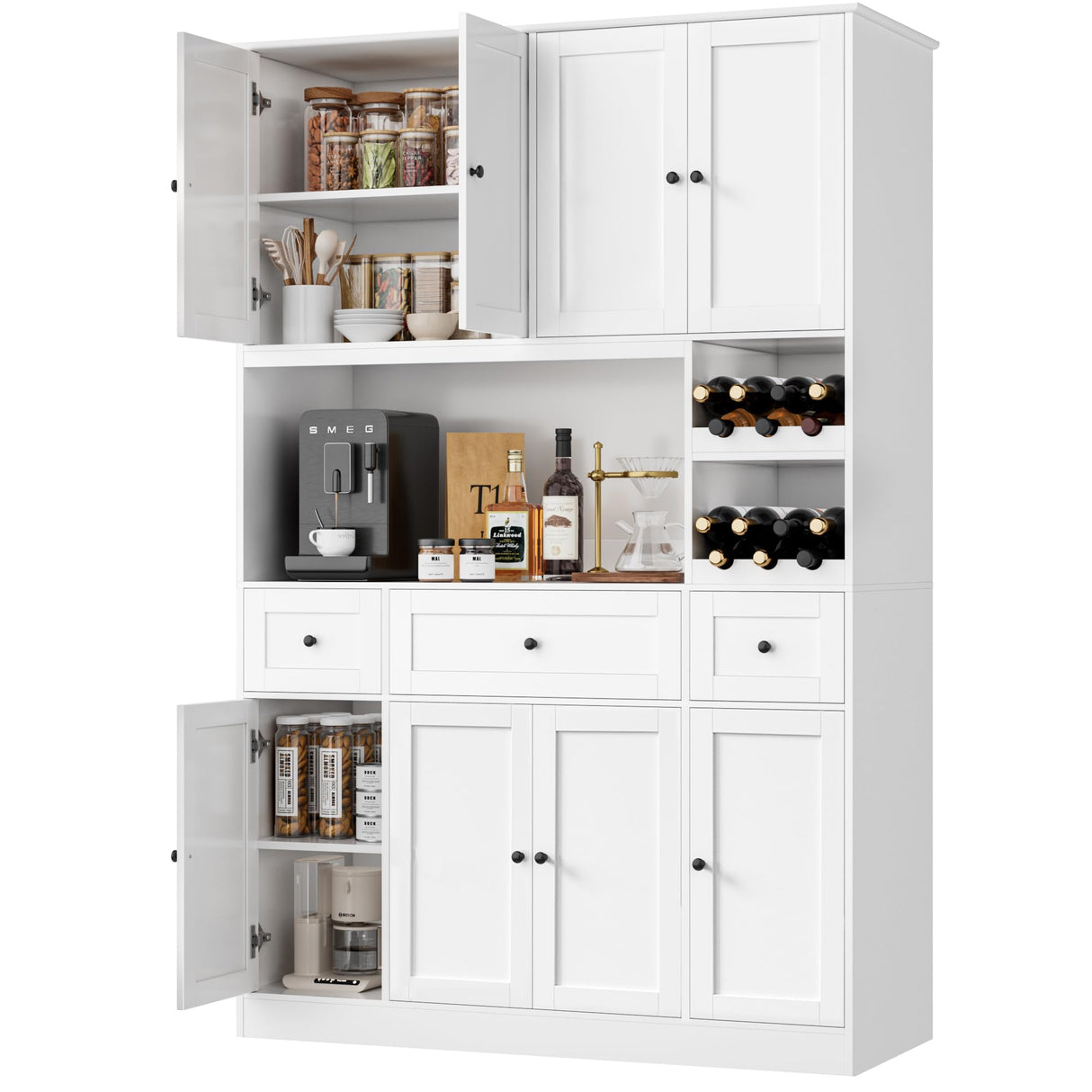 BOTLOG 72" Tall Kitchen Pantry Storage Cabinet with Wine Rack, Large Pantry Cabinet with Microwave Stand, Modern Kitchen Hutch Food Pantry Cabinet for Kitchen, Dining Room, White BOTLOG