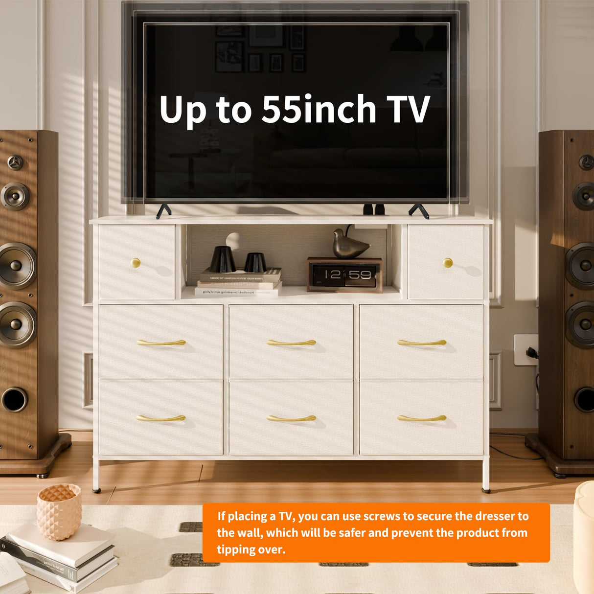 Fixwal Dresser for Bedroom with Power Outlets and LED Lights, White 55" TV Stand with 8 Drawers, Fabric Chest of Drawers with PU Finish for Living Room, Entryway Fixwal