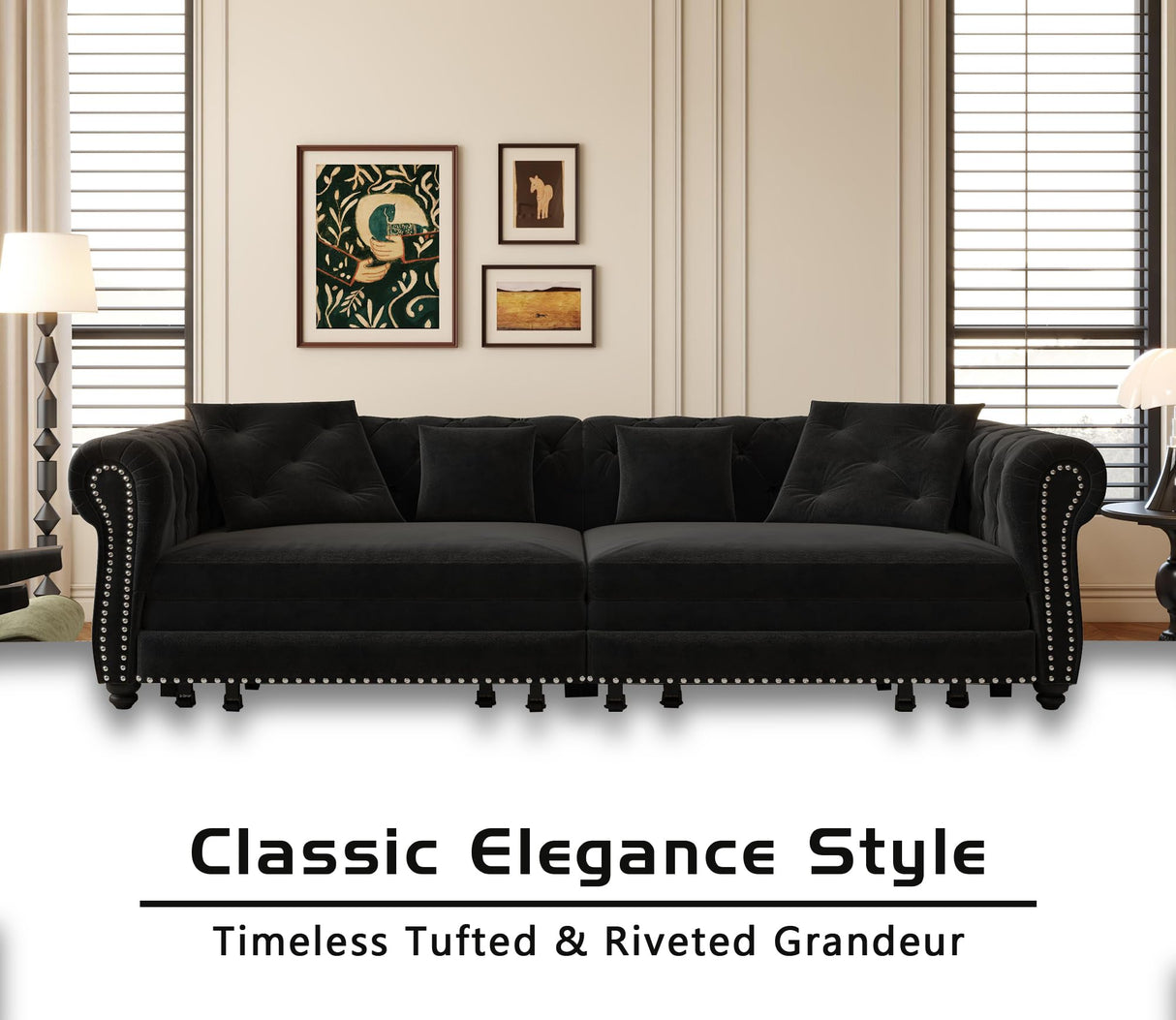 LuxyHoom 89" King Pull Out Sofa Bed, Velvet Chesterfield Sleeper Sofa Couch, 3 in 1 Convertible Tufted Futon Couches with Ottoman for Living Room, Small Space, Apartment, Office, Bedroom, Black LuxyHoom