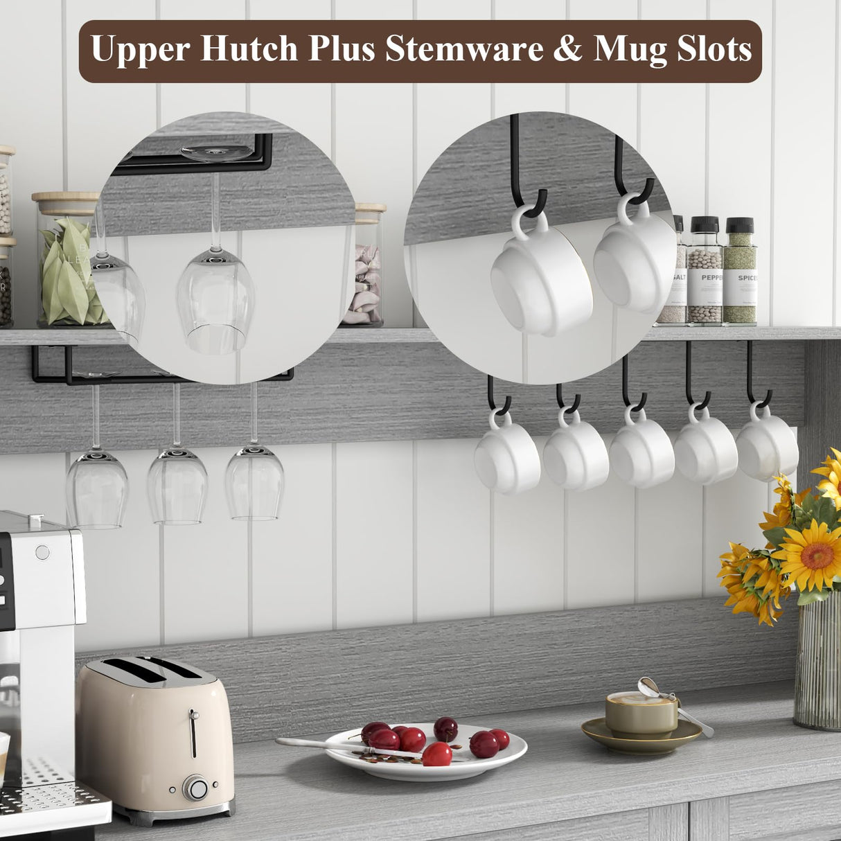 Gyfimoie Farmhouse Bar Cabinet with Hutch, Kitchen Buffet Cabinet with Storage Cabinet & 3 Sliding Drawers, Adjustable Shelf, Goblet Holder, Cup Hooks for Living Room, Dining Room Use (Grey) Gyfimoie