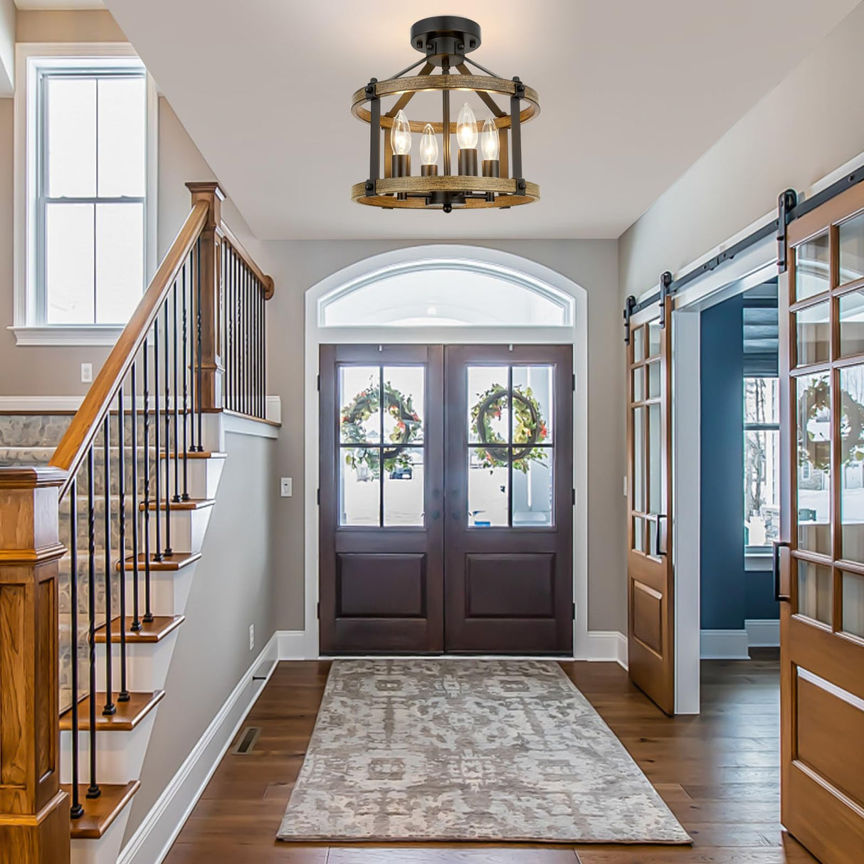 12.5" Farmhouse Semi Flush Mount Ceiling Light,4 Light Drum Rustic Semi Flush Ceiling Light,Black+Vintage Wood-Look Finish Semi Flush Light Fixture for Bedroom、Hallway、Kitchen、Laundry Room ZSANZYU