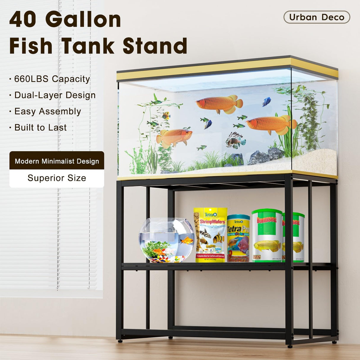 Urban Deco 40 Gallon Fish Tank Stand 660LBS Capacity For Aquarium Stand Metal Fish Tank Stand 38.2"x18.5"x29.5" Dual-Layer Design Terrarium Stand Ideal for Home and Office Urban Deco