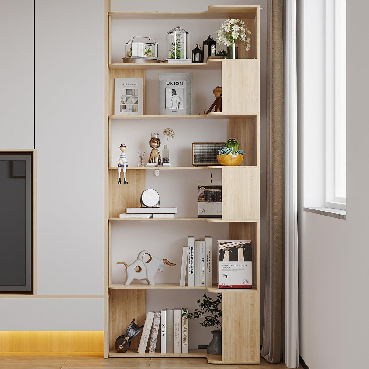 Hitow 6-Tier Wooden Bookcase, L Shaped Geometric Bookshelf, 81.9" H Freestanding Storage Shelf Room Divider, Open Corner Shelf Storage Unit for Living Room Home Office, Beige (35.4" W x 23.6" D)