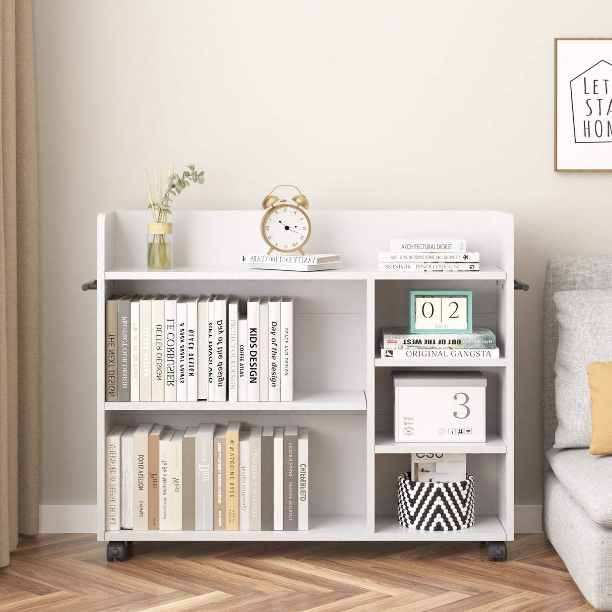 VECELO 3-Tier Bookshelf, Bookcase with Adjustable Storage Shelves, Wood with Lockable Wheels, 25.6 Inch High, for Home Office, White VECELO