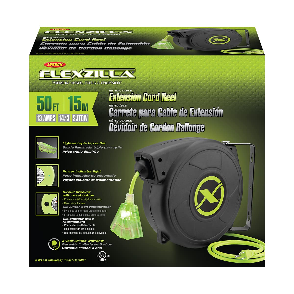 Flexzilla Retractable Extension, 14/3 AWG SJTOW, 50', Grounded Triple Tap Outlet Electric Cord Reel, ZillaGreen, FZ8140503 Flexzilla