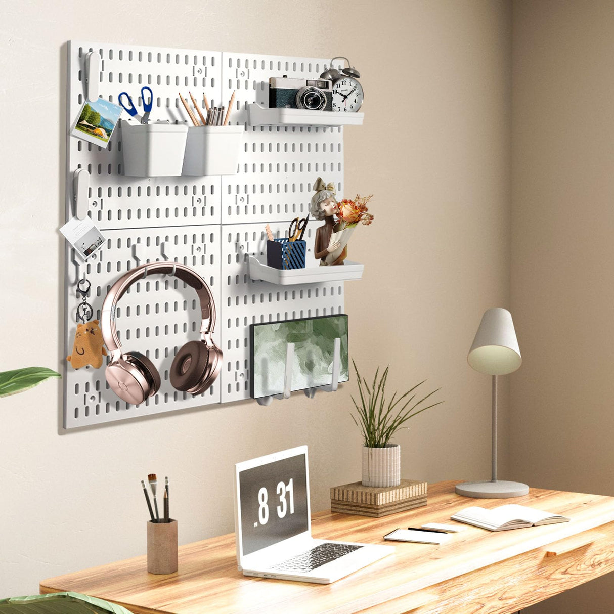 SHGJ&SOFT PegBoard Combination Kit, Pegboards and Accessories Modular Hanging, Wall Organizer Pegboard for Home and Office,24″×24″, Wall Mount Display Pegboard Panel Kits (White, 4 Pieces) SHGJ&SOFT