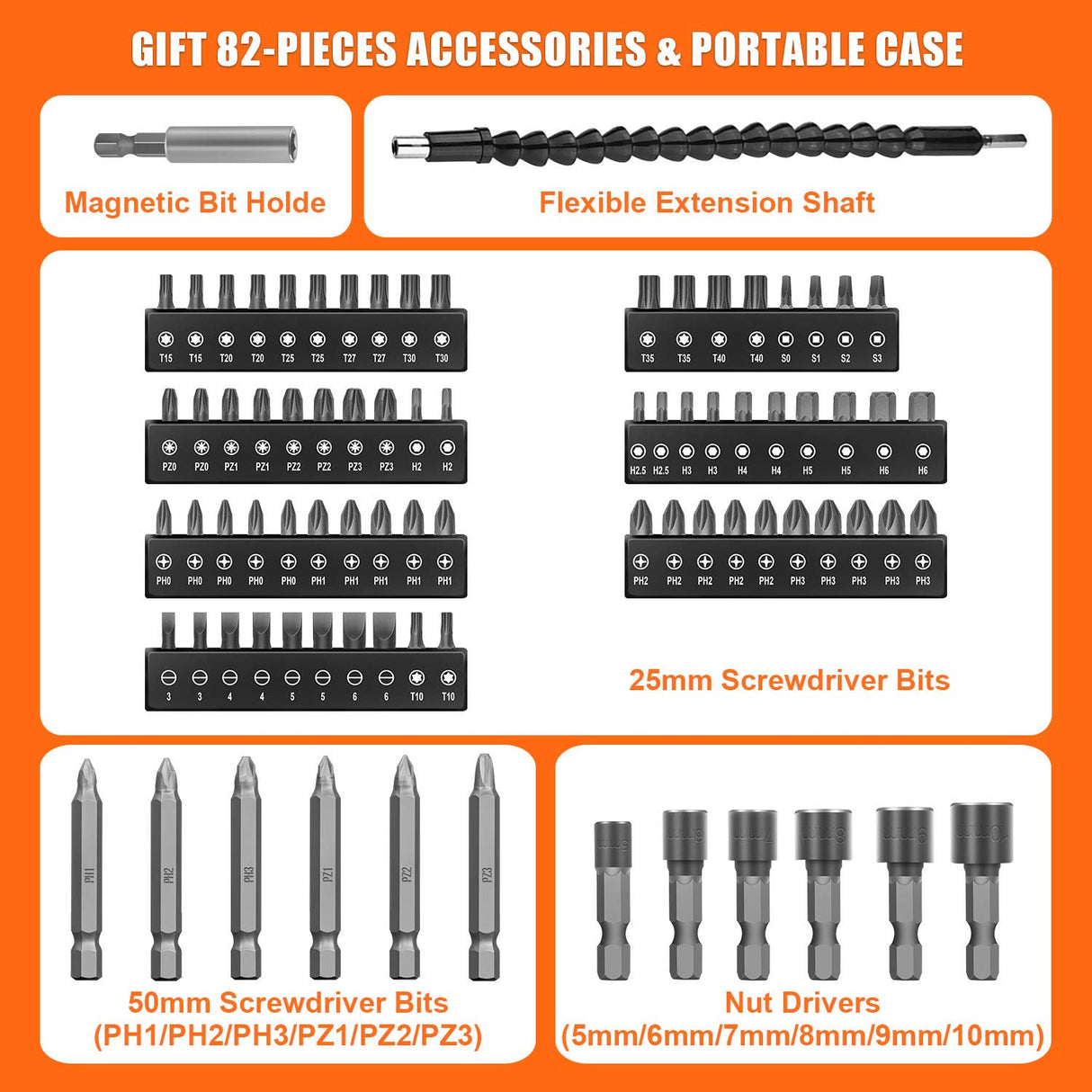 ENERTWIST Cordless Screwdriver, 8V Max 10Nm Electric Screwdriver Rechargeable Set with 82 Accessory Kit and Charger in Carrying Case, 21+1 Cluth, Dual Position Handle, LED Light, ET-CS-8 ENERTWIST