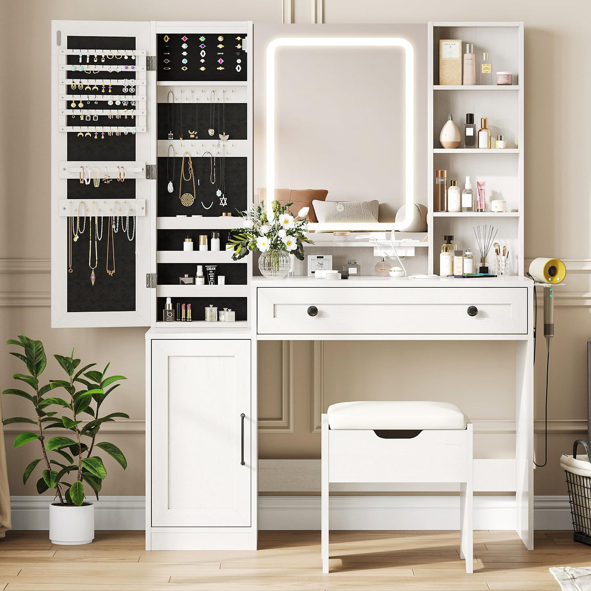 Makeup Vanity Desk with Mirror and Lights, White Vanity with Jewelry Storage Cabinet, Vanity Table Set with Chair and Large Drawer, Cabinets and Multi-Shelf, Charging Station, 3 Color Lighting Maupvit