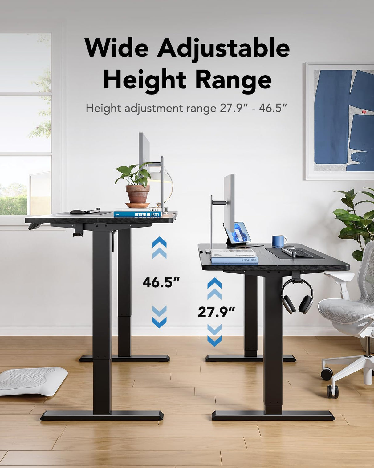 HUANUO 55" x 28" Electric Standing Desk Adjustable Height, 4 Memory Height Settings, Headphone Hook, Cable Manager, Sit Stand Up Desk for Home Office & Computer Workstation, Black HUANUO