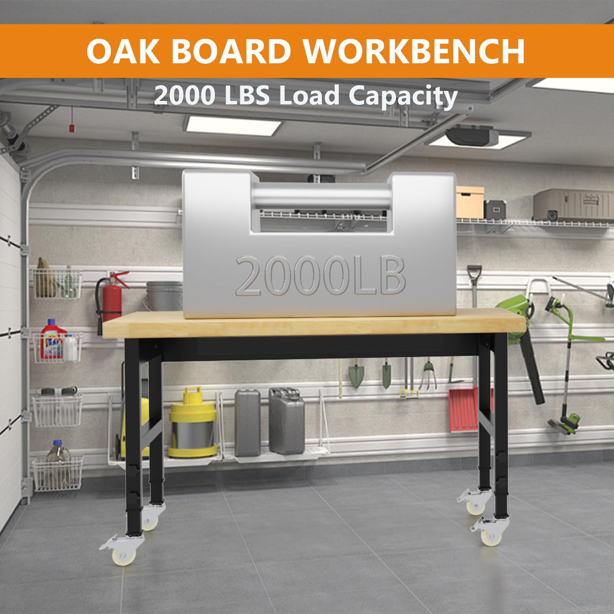 Pelnuies 48" Work Bench with Wheels, Adjustable Height Workbench with Drawers, Heavy-Duty Oak Wood Work Table with Power Outlets, 2000 LBS Capacity Workstation for Garage, Workshop, Office, Home Pelnuies