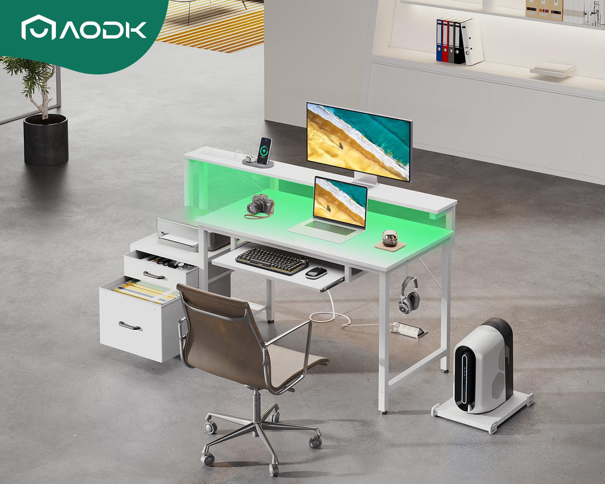 AODK 48" Computer Desk with Fabric File Cabinet and Drawer, Reversible Office Desk with Power Outlet and LED Light, Study Desk with Printer Stand, Keyboard Tray, Full Monitor Riser and PC Stand, White AODK