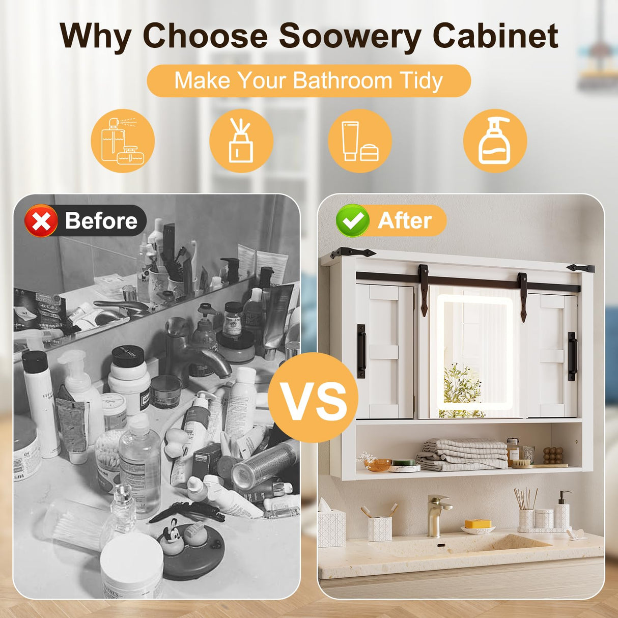 PAKASEPT Farmhouse Bathroom Wall Cabinet, Medicine Cabinet Mirror with LED Lights, Sliding Mirror and Adjustable Shelves,Storage Cabinet Wall Mounted Organizer for Bathroom, Kitchen Dining, White PAKASEPT