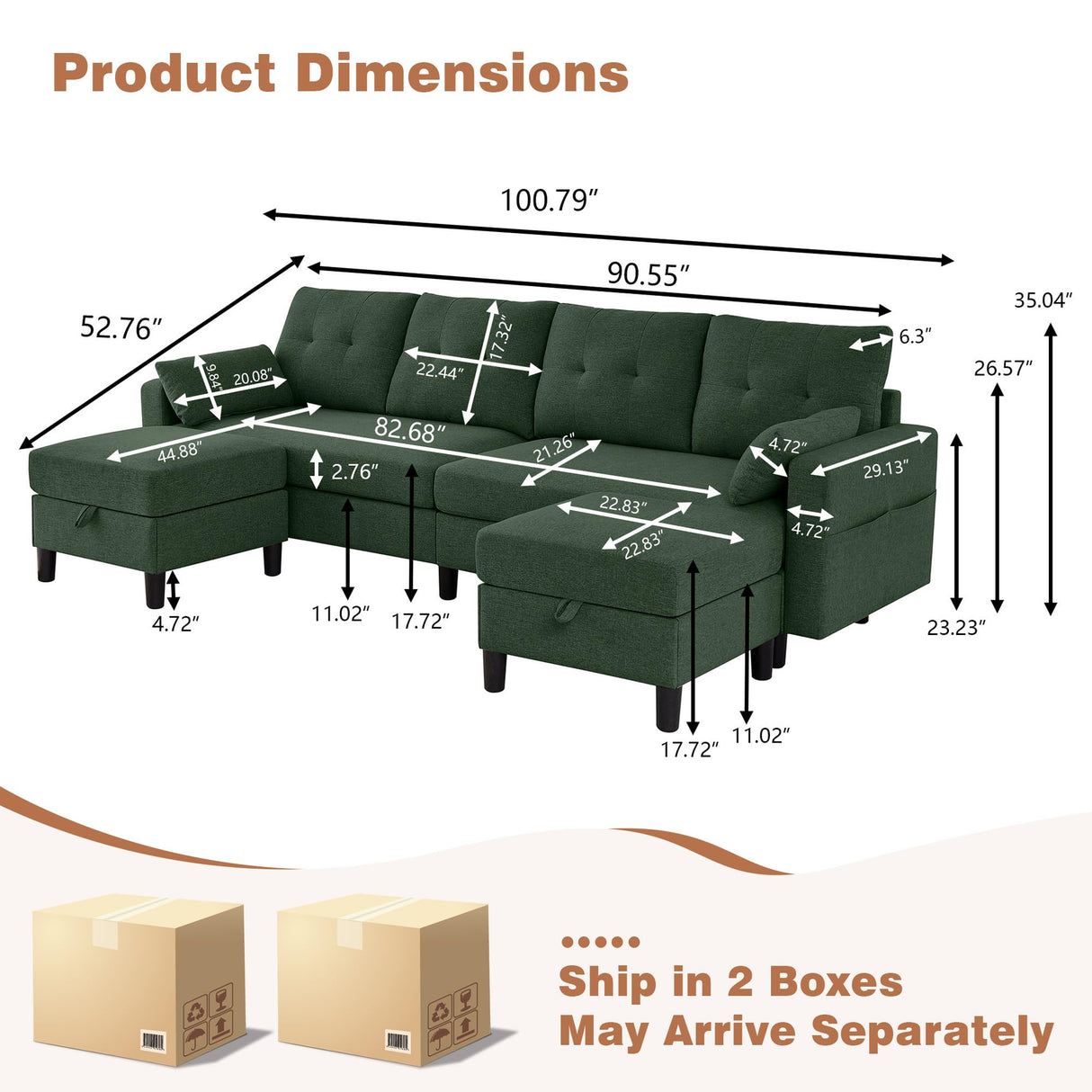Enobala 101" Convertible Sectional Sofa, 4 Seat U Shaped Couch with Storage Ottoman and Side Pocket, Comfy Sectional Couch for Living Room, Apartment, Modern Linen Fabric Sofa Set,Green Enobala