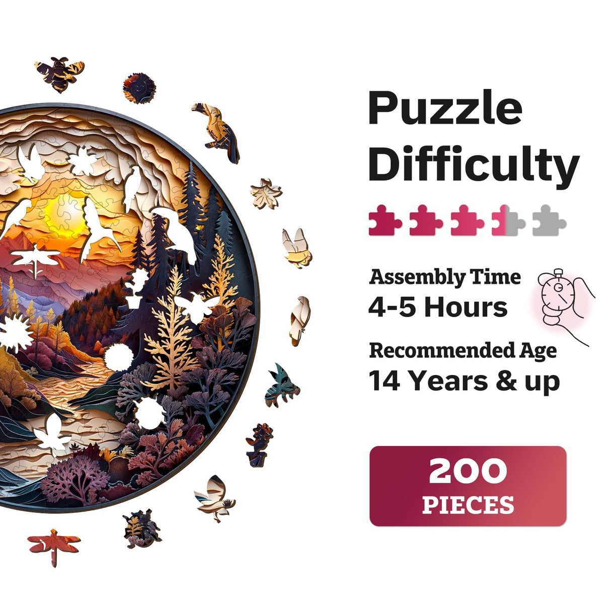 Jigfoxy Wooden Puzzles for Adults, Visual 3D Sunset Forest Wood Puzzles Adult, Unique Animal Shape Wooden Jigsaw Puzzles for Adults, Birthday Gifts for Puzzle Lovers, Family (M-11.4 * 11.4in-200pcs) Jigfoxy