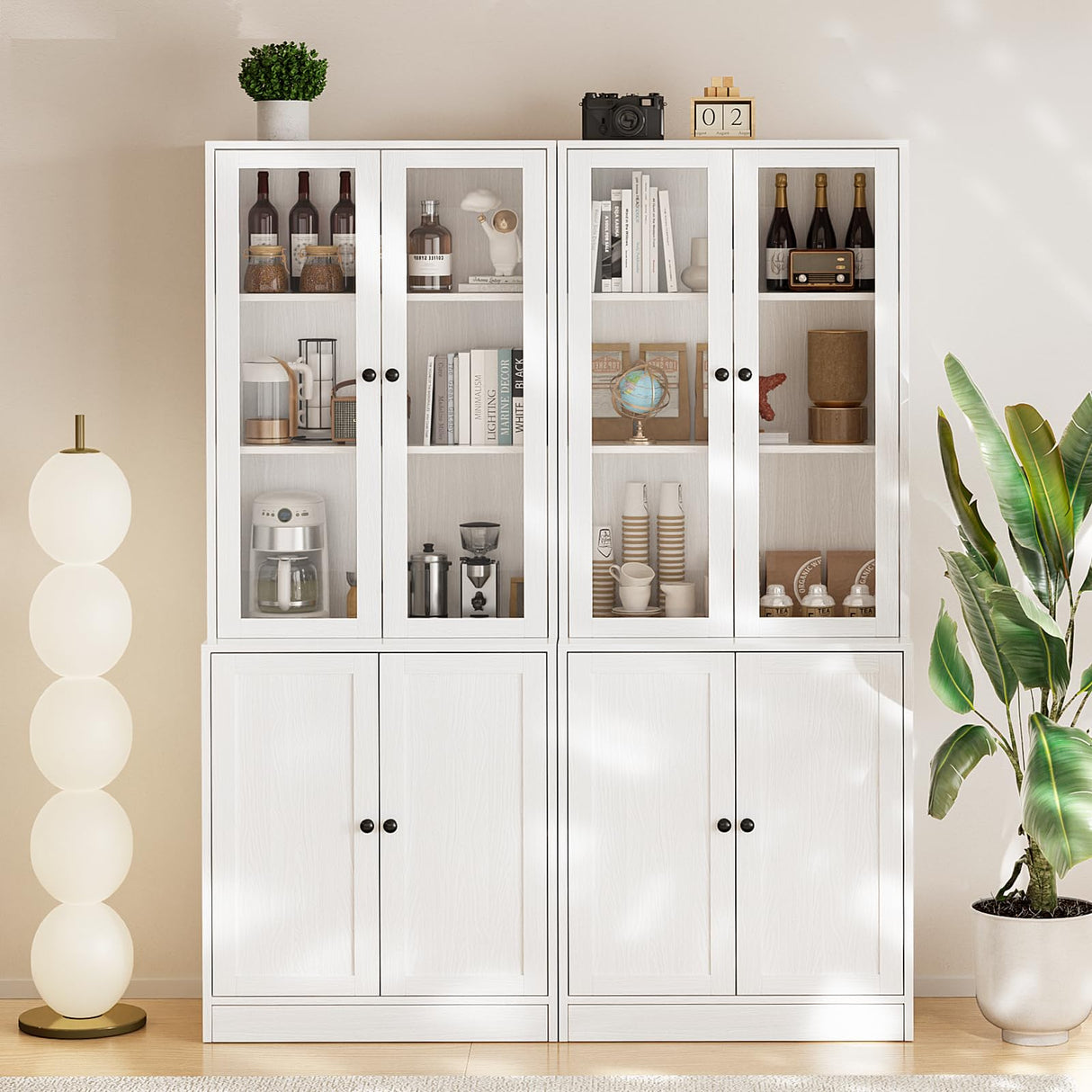 TUSY 4-Piece Large TV Stand with Bookshelves for TVs up to 75", TV Entertainment Center Media Center with Tempered Glass Doors and Shelves, TV Hutch for Living Room White (2B+2D) TUSY