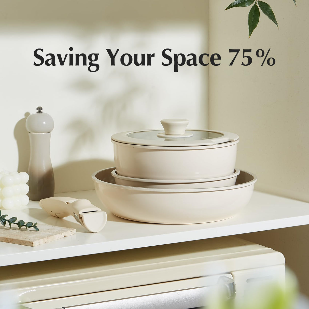 Redchef Ceramic Pots and Pans Set Non Stick, Nonstick Kitchen Cookware Sets, Non Toxic Pots and Pans Set Non Stick, PFAS PFOA & PTFE Free, Detachable Handle Pots and Pans 5 Piece, RV Cookware Redchef