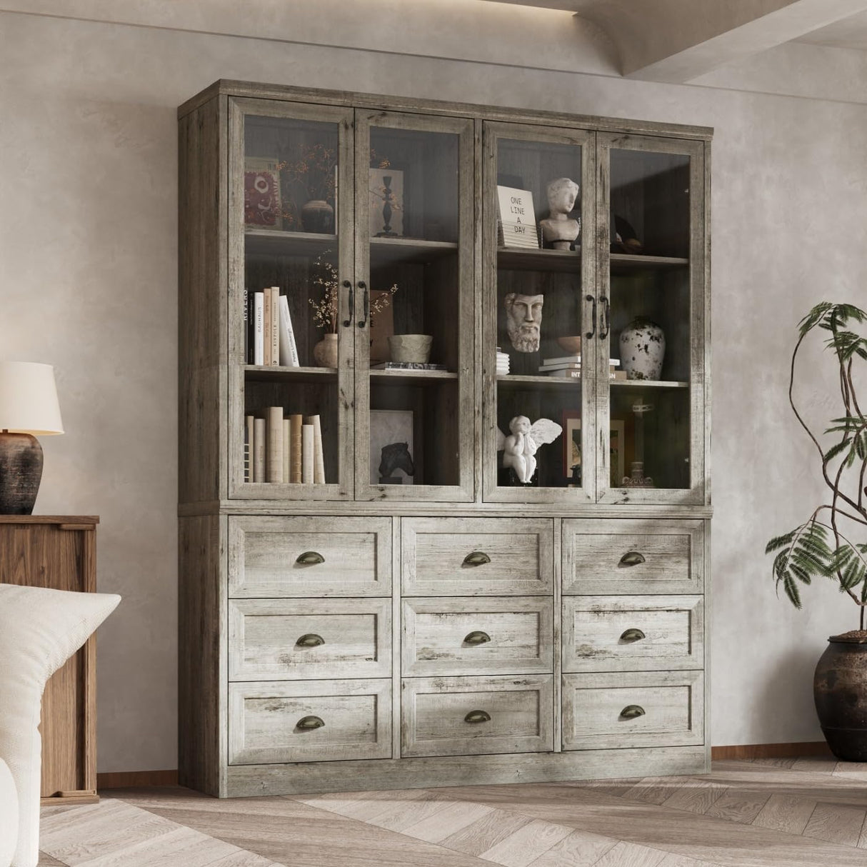 Timechee 78.7" Tall Curio Display Cabinet for Collection, 3 Tier Bookshelf with 9 Drawers & 4 Tempered Glass Doors, Showcase Display Cabinets for Living Room with Adjustable Shelves, Antique Oak Timechee