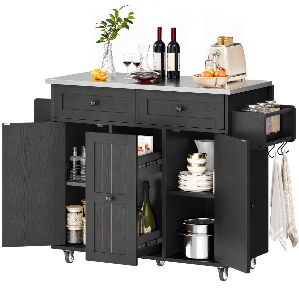 DWVO Kitchen Island on Wheels, Mobile Kitchen Island Cart with Folding Drop Leaf Breakfast Bar, Island Table for Kitchen with Large Storage Cabinets, Racks, Drawers and Adjustable Shelves, Black DWVO