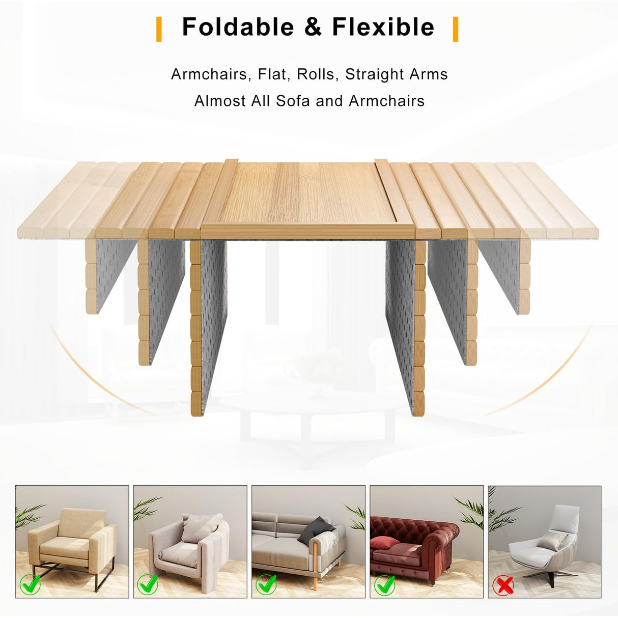 Bestjing Bamboo Sofa Armrest Tray Table for Couch - 2-in-1 Couch Arm Table Tray with Be Slide Detachable Tray - Anti-Slip Foldable Armchair Table Tray for Drinks Cup Cellphone Remote Snacks (Bamboo) Bestjing