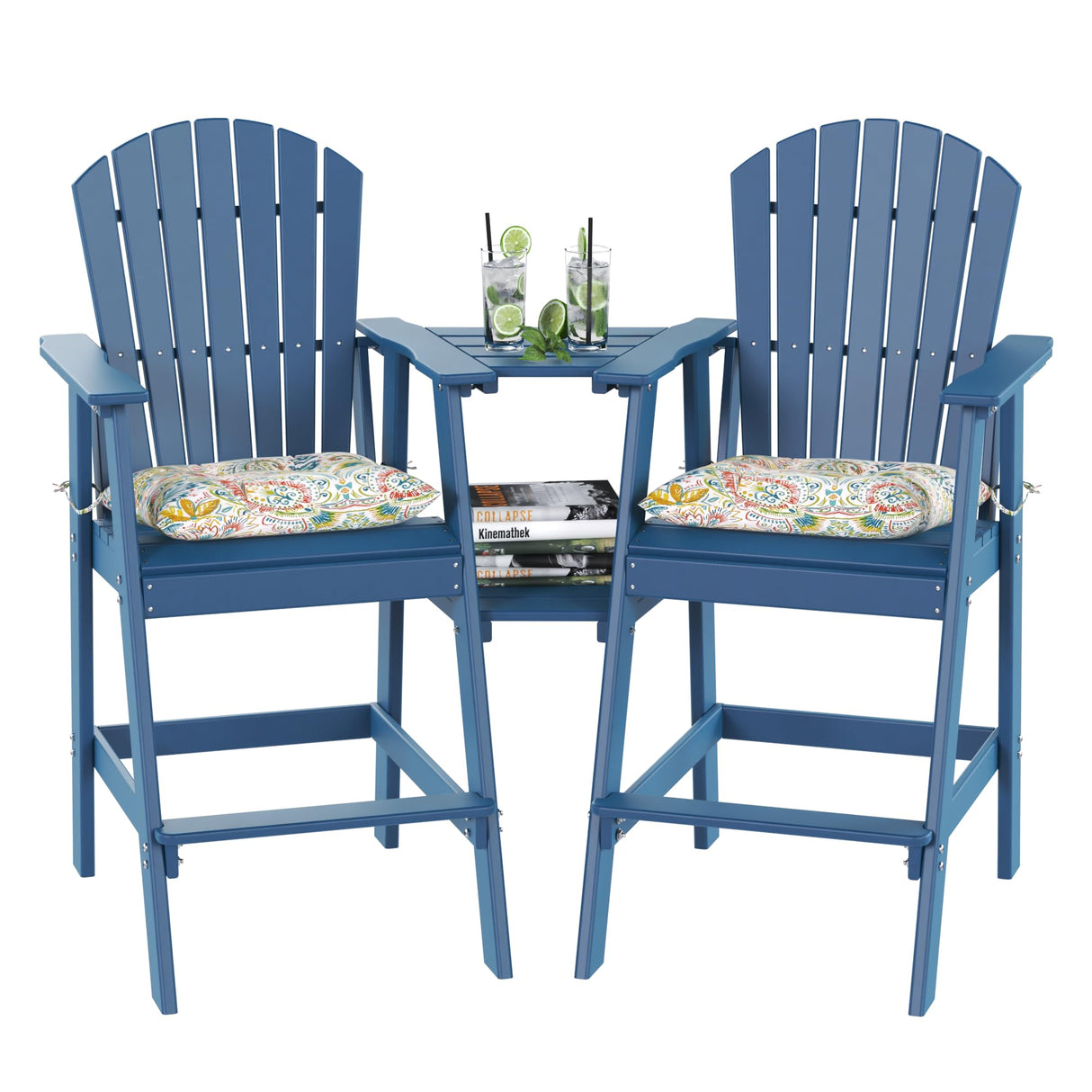 Sundale Outdoor Tall Adirondack Bar Set, Patio Umbrella Table and Bar Chairs Set of 2, 3 Pieces Counter Height Dining Bistro Set, Pub Table with HDPE Stools, 2 Umbrella Hole Caps, Navy Blue Sundale Outdoor