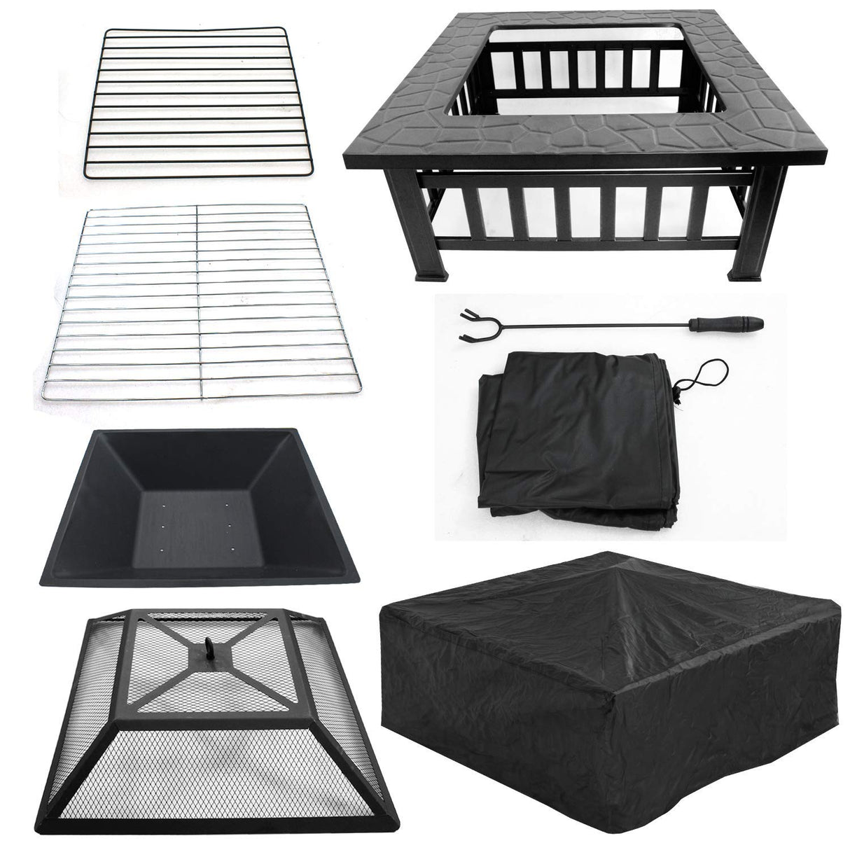 ZENY 32in Outdoor Fire Pits Outside Wood Burning Firepit Square Metal Fireplace Table Fire Bowl with Grill,Screen and Poker for Camping Bonfire Backyard BBQ ZENY