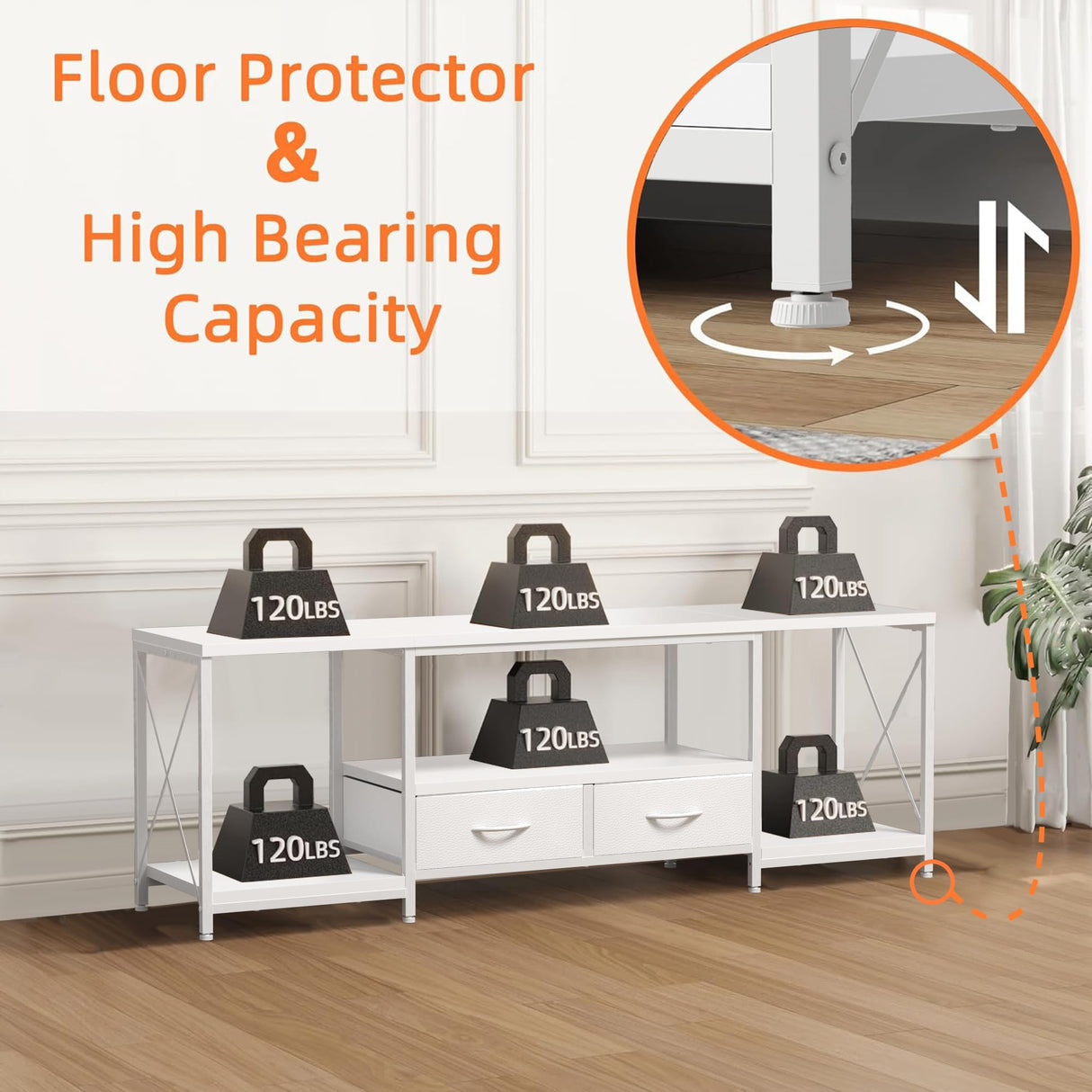 GYIIYUO TV Stand with Fabric Drawers for 55 60 65 Inches TV - Entertainment Center and Industrial TV Console Table with Open Storage Shelves for Living Room, Bedroom - 55.1" White GYIIYUO