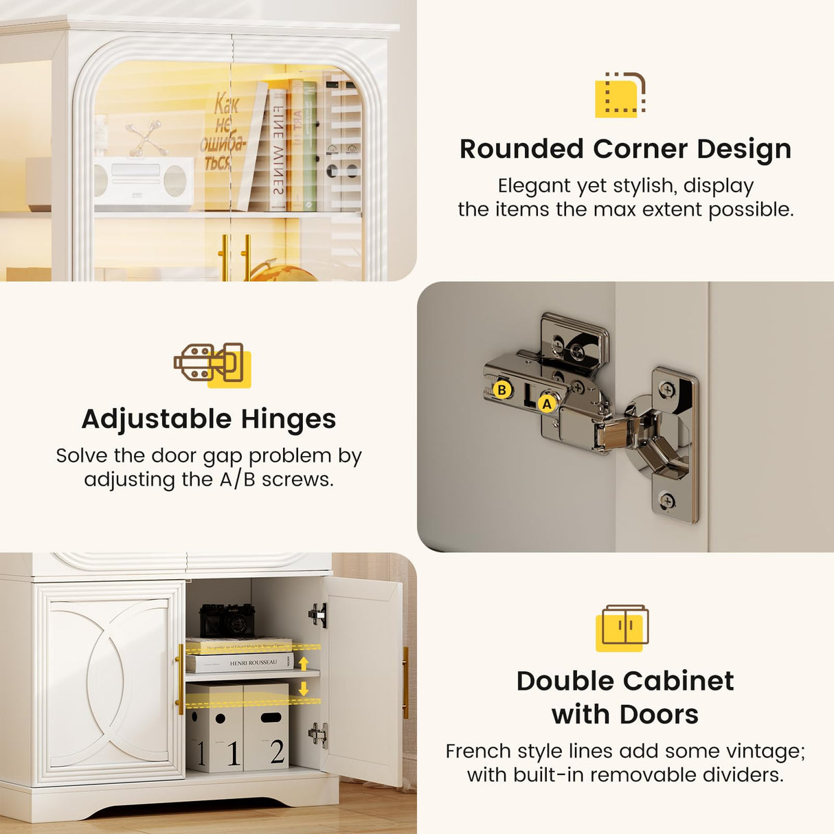Lareth Display Cabinet with Glass Doors, 69 in Tall Bookcase with LED Lights, Glass Display Case Kitchen Pantry Cabinet, 5 Tier Curio Storage Cabinet for Living Room, Home Office, White Lareth