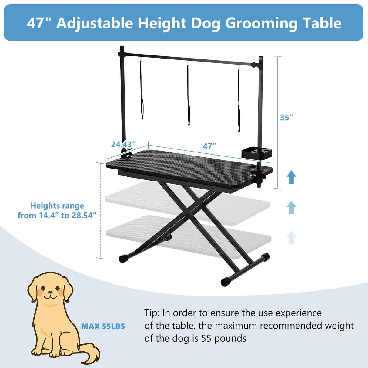 ROOMTEC 47 Inch Dog Grooming Table,Adjustable Height Pet Grooming Table,with Tool Organizer, Anti Slip Tabletop,Easy to Move ROOMTEC