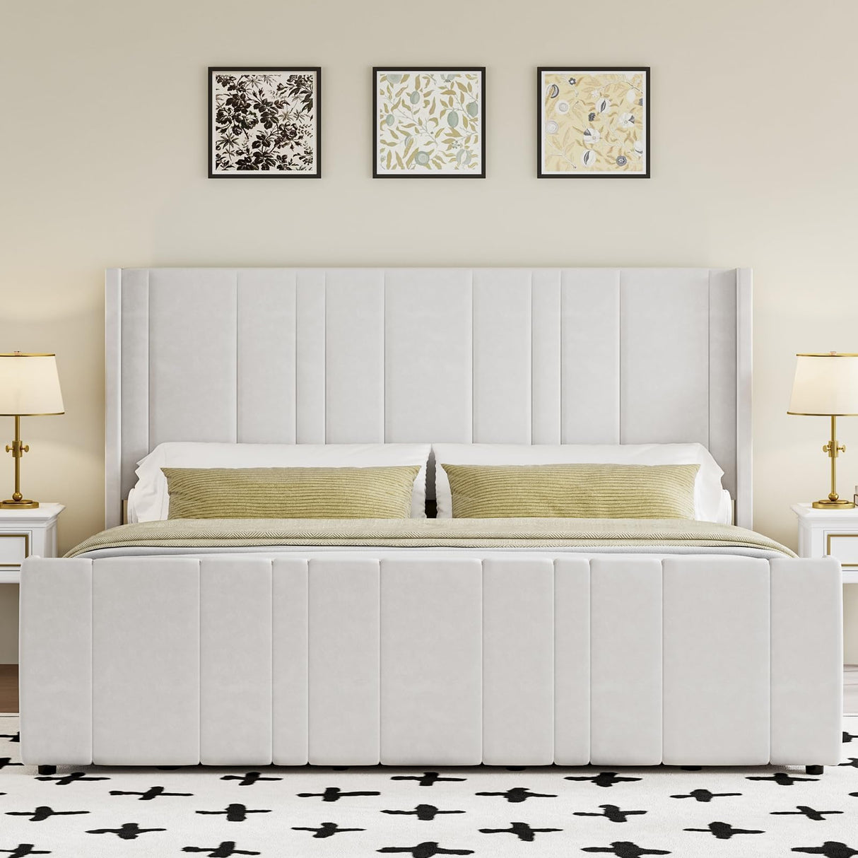 HOMBCK King Size Bed Frame, Soft Velvet Upholstered Bed Frame with Vertical Channel Tufted Wingback Headboard & Footboard, Soft Bed Frame King, Noise Free, Easy Assembly, White HOMBCK