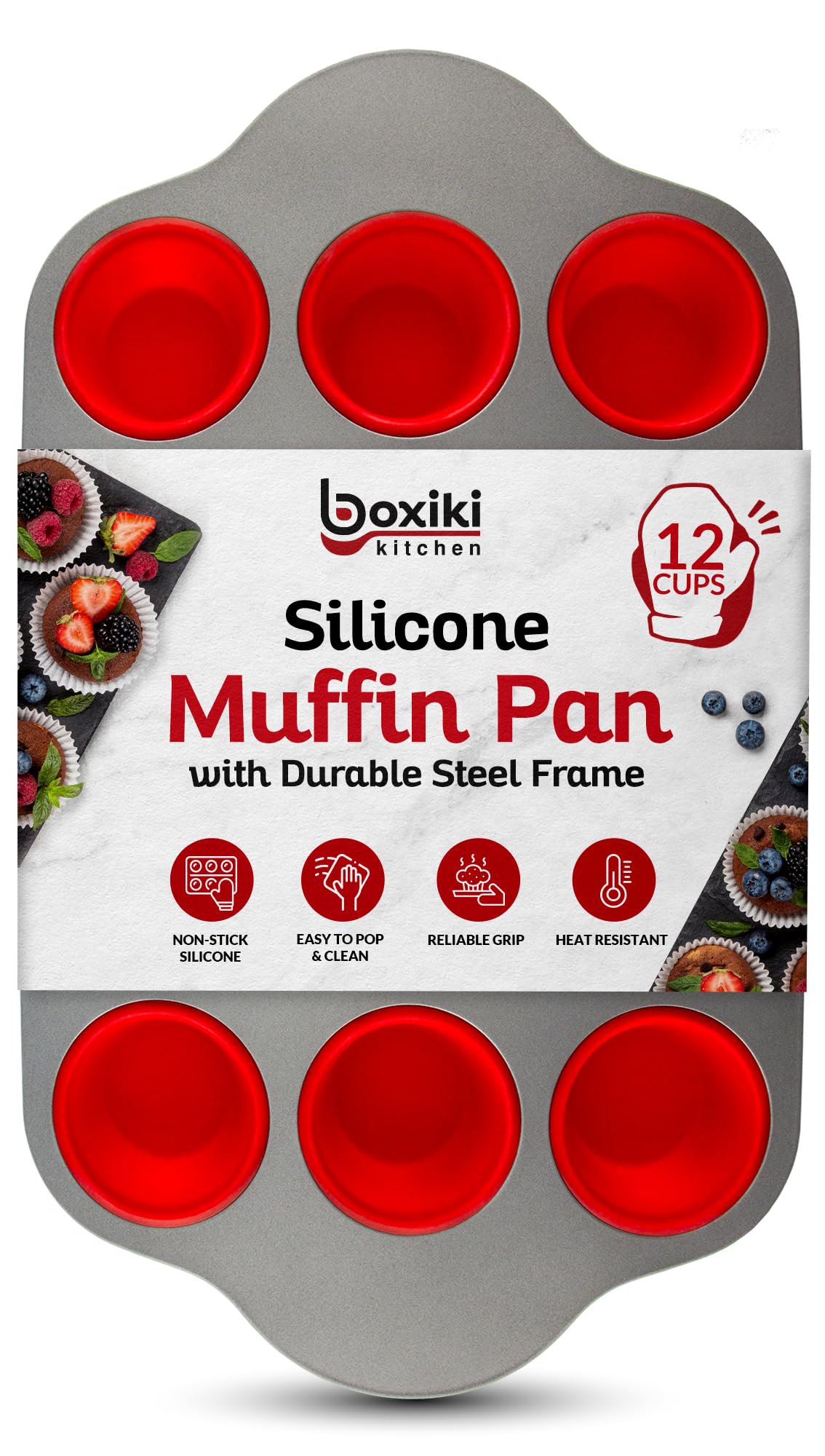 Boxiki Kitchen Non-Stick 12 Cup Silicone Muffin Pan With Steel Frame - BPA Free, Non-Toxic, Anti-Warp, Durable & Easy to Pop Silicone Muffin Tin - Perfect Cupcake Pan Boxiki Kitchen