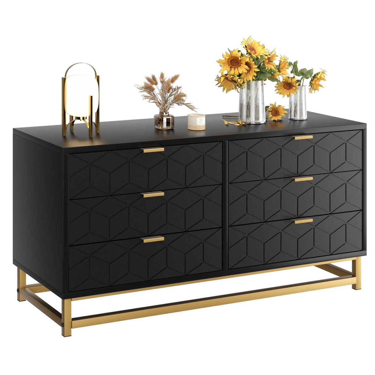 IDEALHOUSE Black 6 Drawer Dresser with Wide Storage, Wood Dresser Chest Organizer with Metal Legs, Modern Dressers & chests of Drawers for Bedroom, Living Room, Hallway IDEALHOUSE