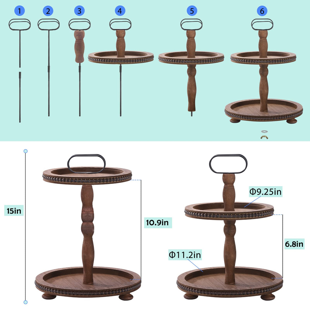 Urban Deco Wooden Decorative Tray Two Tiered Tray Decorations Round Serving Tray with Metal Handle, Wooden Cupcake Stand for Party Tiered Dessert Stand - Dark Brown Farmhouse Wooden Tray Urban Deco