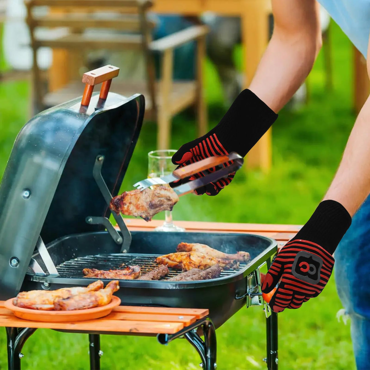 OURCAMP BBQ Gloves, 1472 Degree F Heat Resistant Grilling Gloves Silicone Non-Slip Oven Gloves Long Kitchen Gloves for Barbecue, Cooking, Baking, Cutting (Red) OURCAMP