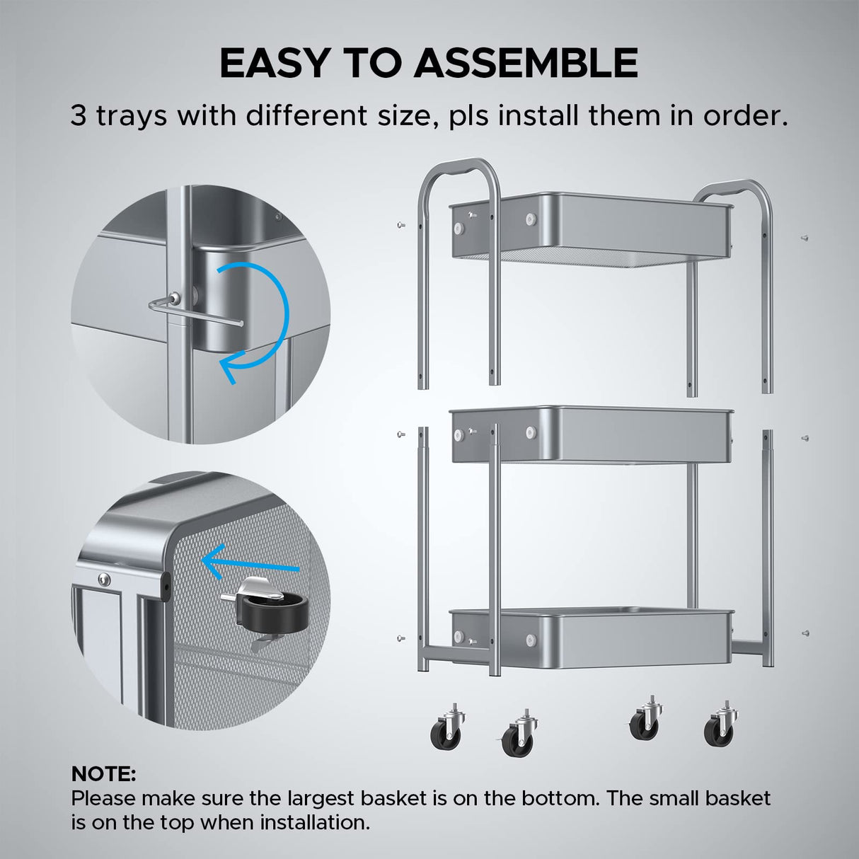 3-Tier Kitchen Cart Multifunctional Rolling Utility Cart with Lockable Wheels,Storage Craft Art Cart Trolley Organizer Serving Cart Easy Assembly for Office, Bathroom, Kitchen, Classroom(silvery-grey) MAX Houser