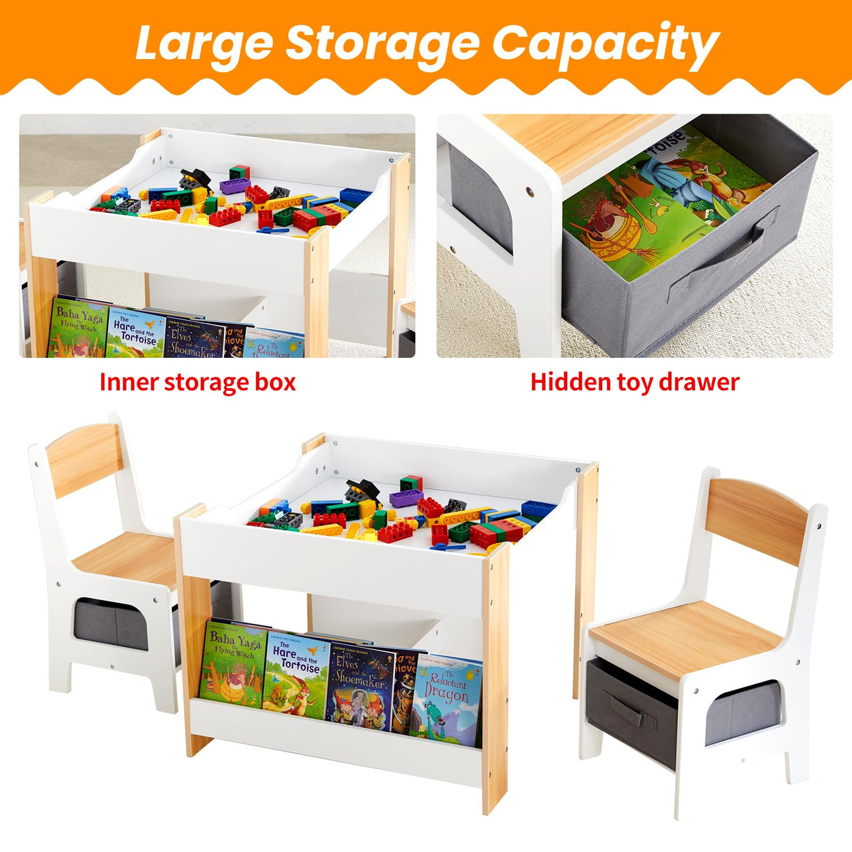 Asweets Kids Table and Chair Set,4 in 1 Toddler Desk with Storage Drawer,Wooden Activity Table for 2 in 1 Detachable Tabletop,Bookshelve,Suitable for Classroom,Home, Nursery, Playroom (Natural White) Asweets