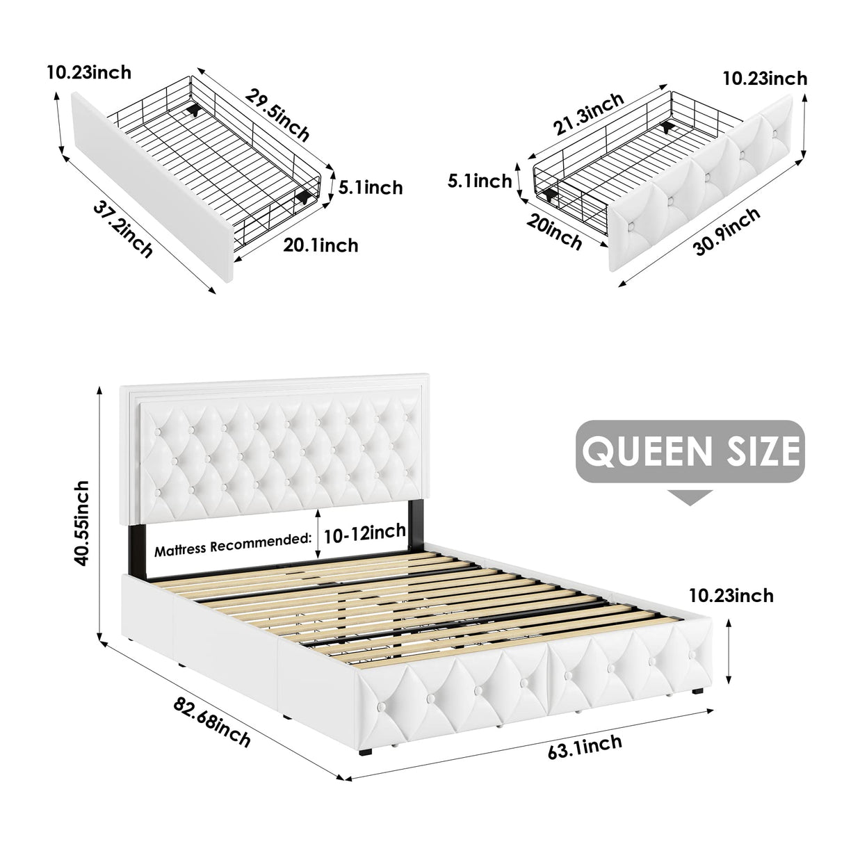 Keyluv Queen Upholstered LED Bed Frame with 4 Storage Drawers and Adjustable Tufted Headboard in White Keyluv