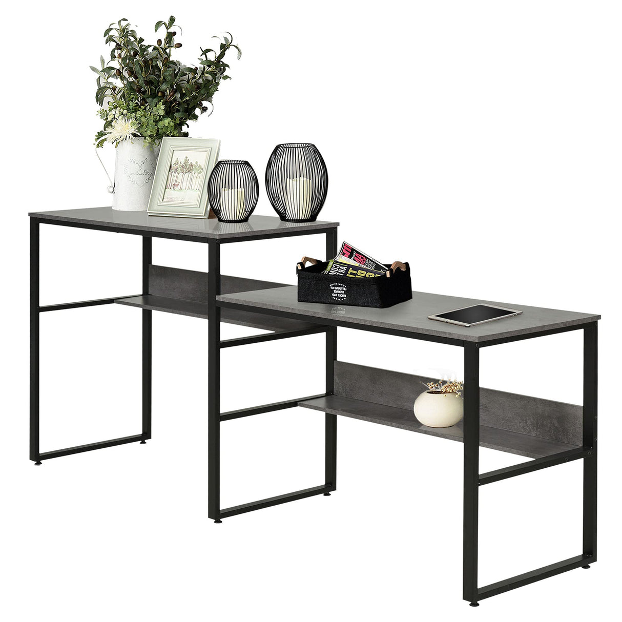 HOMCOM 86.5 Inch Two Person Desk Double Computer Table Writing Desk with Open Shelves Long Storage Workstation for Home Office Gray HOMCOM