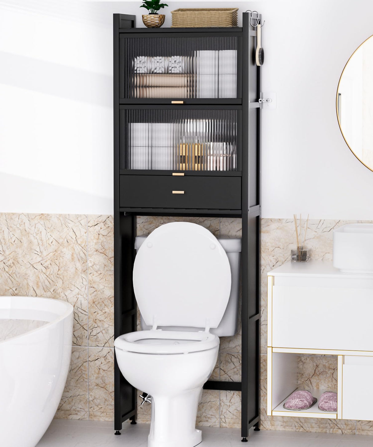 Cozivolife Over The Toilet Storage Cabinet with Drawer and Flip Door, Bamboo Bathroom Organizer Shelf with Anti-Tip Design and Waterproof Feet Pad,Freestanding Rack Above WC Space Saver (Black) Cozivolife