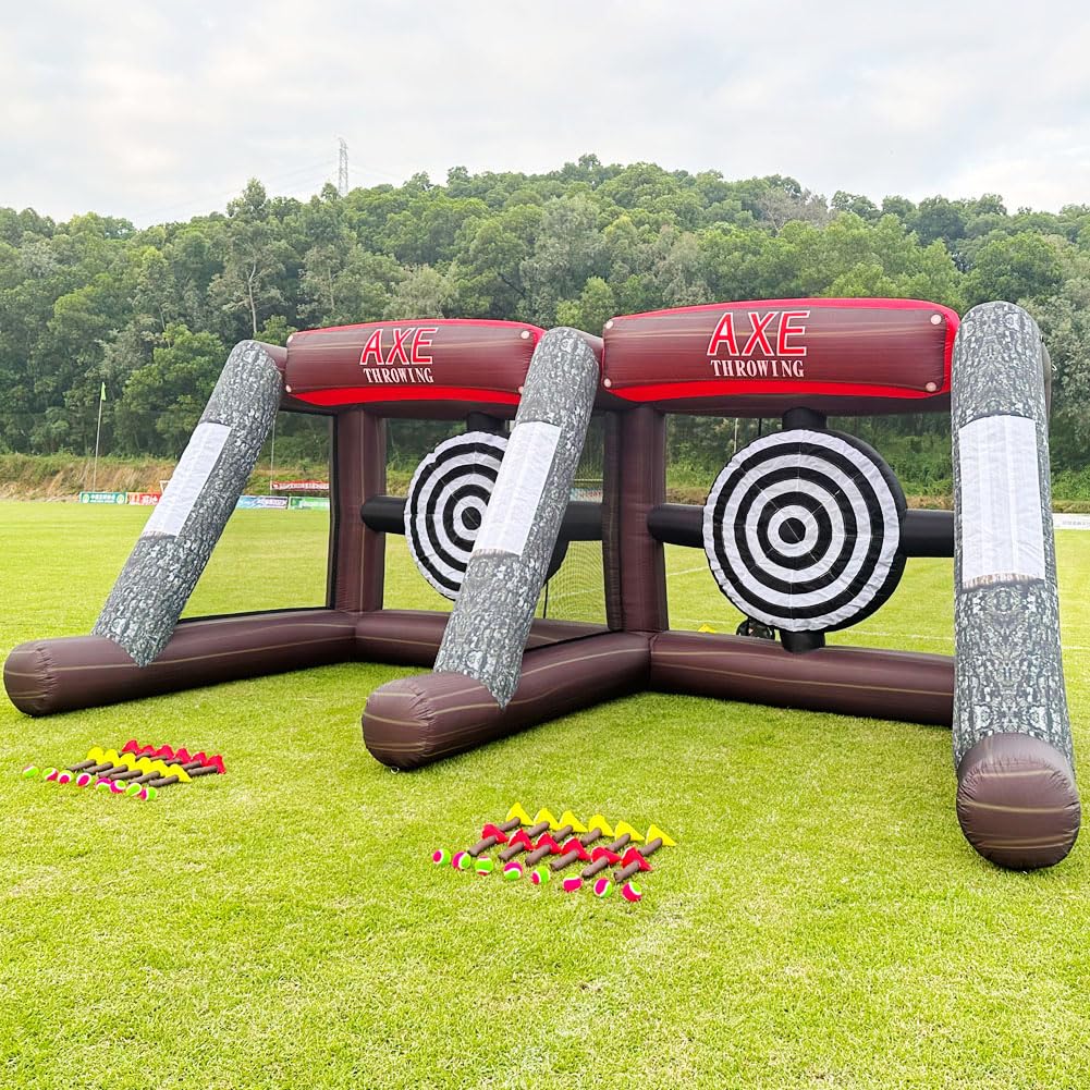 Dual Inflatable Axe Throwing Inflatable Ball Toss Target Dart Board with 24 Axes+16 Toss Ball+ 8 Soccer Balls for Interactive Sport Games, Double Darts for 2 Players WoodArtSupply