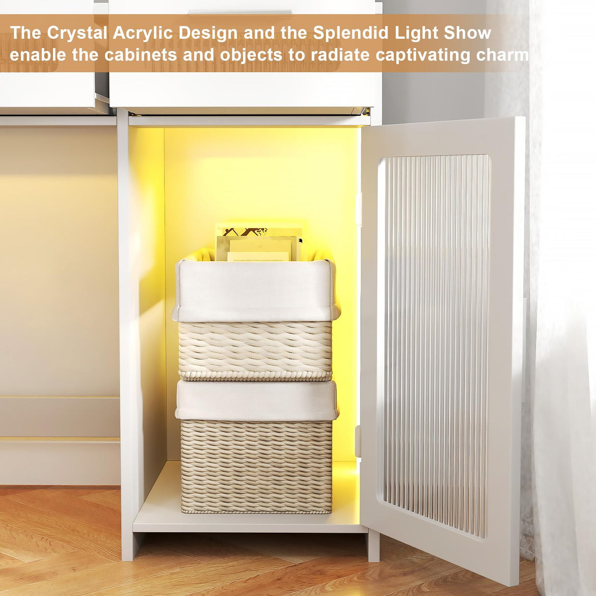 Hadulcet White Vanity Desk with Mirror and Lights, LED Vanity with Power Outlet, Makeup Vanity with 2 Drawers, 10 Storage Shelves and Acrylic Door Cabinet for Bedroom Dressing Room, 43” Hadulcet