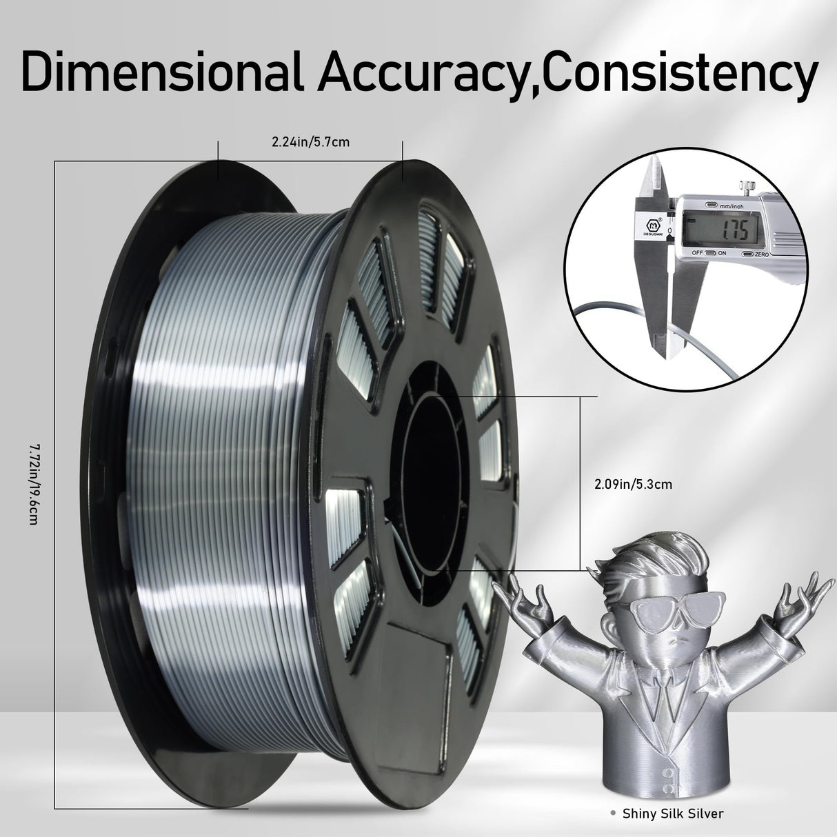 DO3D Silk Sliver PLA Satin Shiny 3D Printer Filament, 1.75mm Diameter 1kg Spool 2.2lbs for FDM 3D Printers DO3D