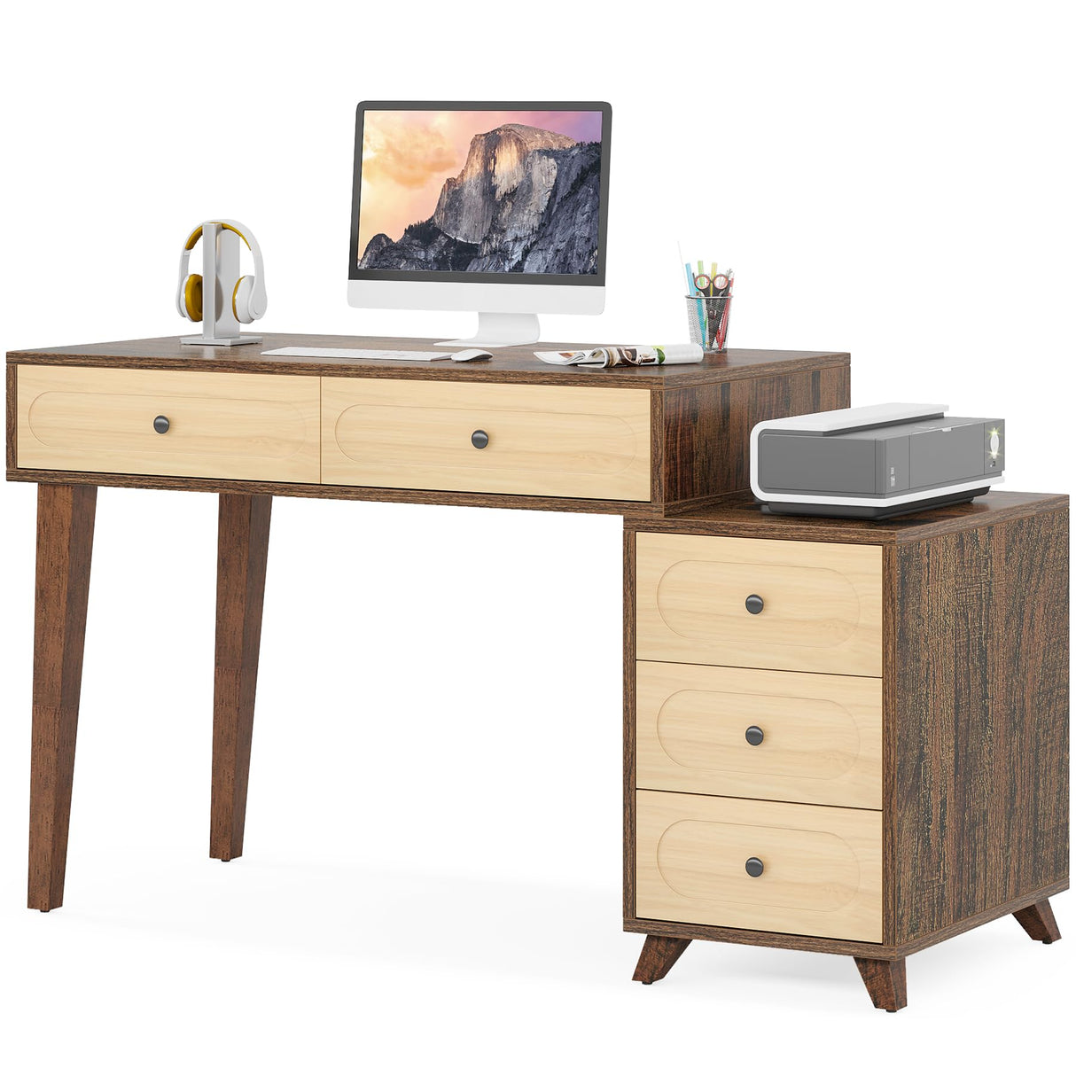 Tribesigns Computer Desk with Reversible Drawer Cabinet, 51-Inch Home Office Desk with 5 Drawers and Printer Stand, Study Writing Table Workstation with Storage Tribesigns