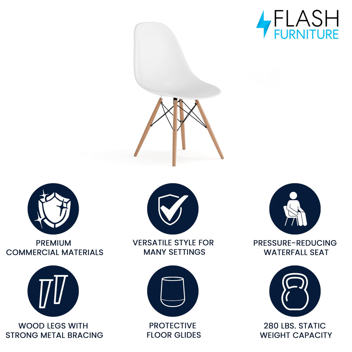 Flash Furniture Elon Series White Plastic Chair with Wooden Legs for Versatile Kitchen, Dining Room, Living Room, Library or Desk Use Flash Furniture