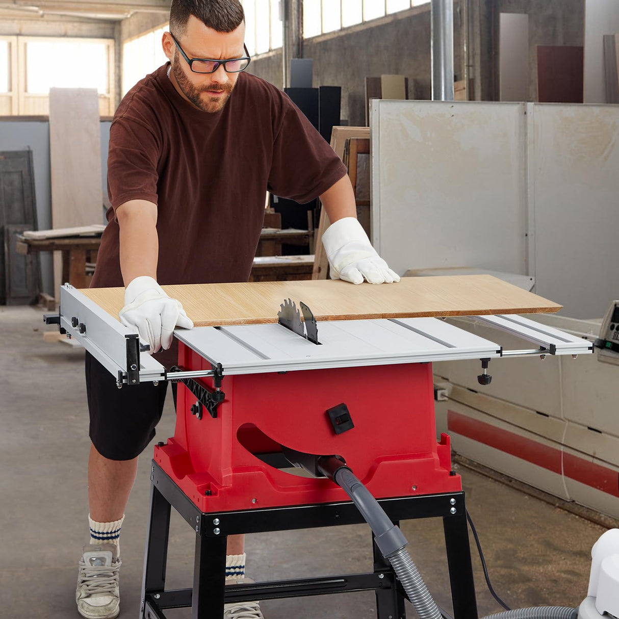 Table Saw, MERXENG 10 Inch 15A Multifunctional Saw With Stand & Push Stick, 90° Cross Cut & 0-45° Bevel Cut, 5000RPM, Adjustable Blade Height for Woodworking, Red MERXENG