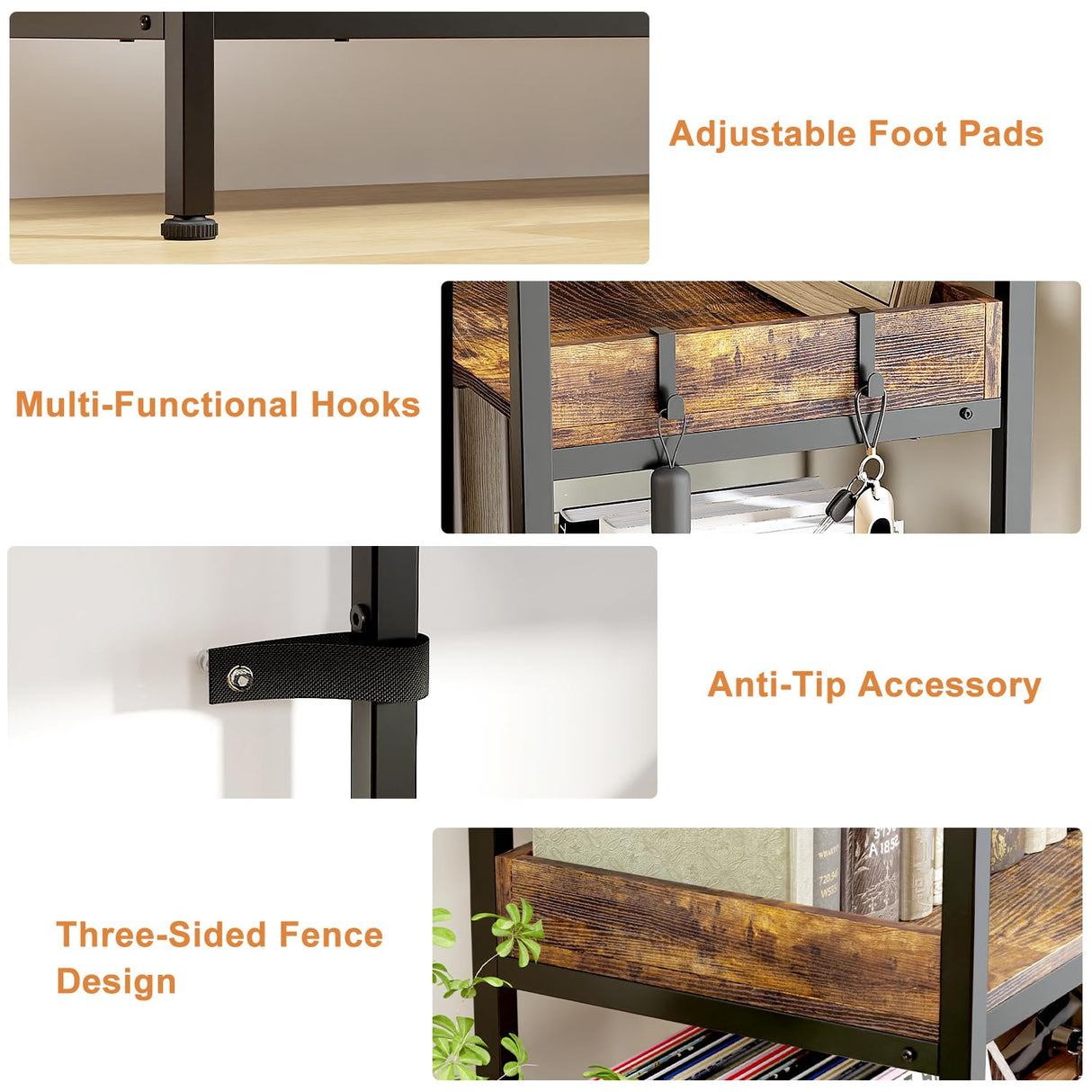 KOUSEI 5-Tier Bookshelf Reversible,Corner Bookcase 4 Hooks,65" Industrial Wooden Bookcase with Open Wide Shelves and Metal Frame for Living Room, Bedroom, Home Office,Rustic Brown KOUSEI