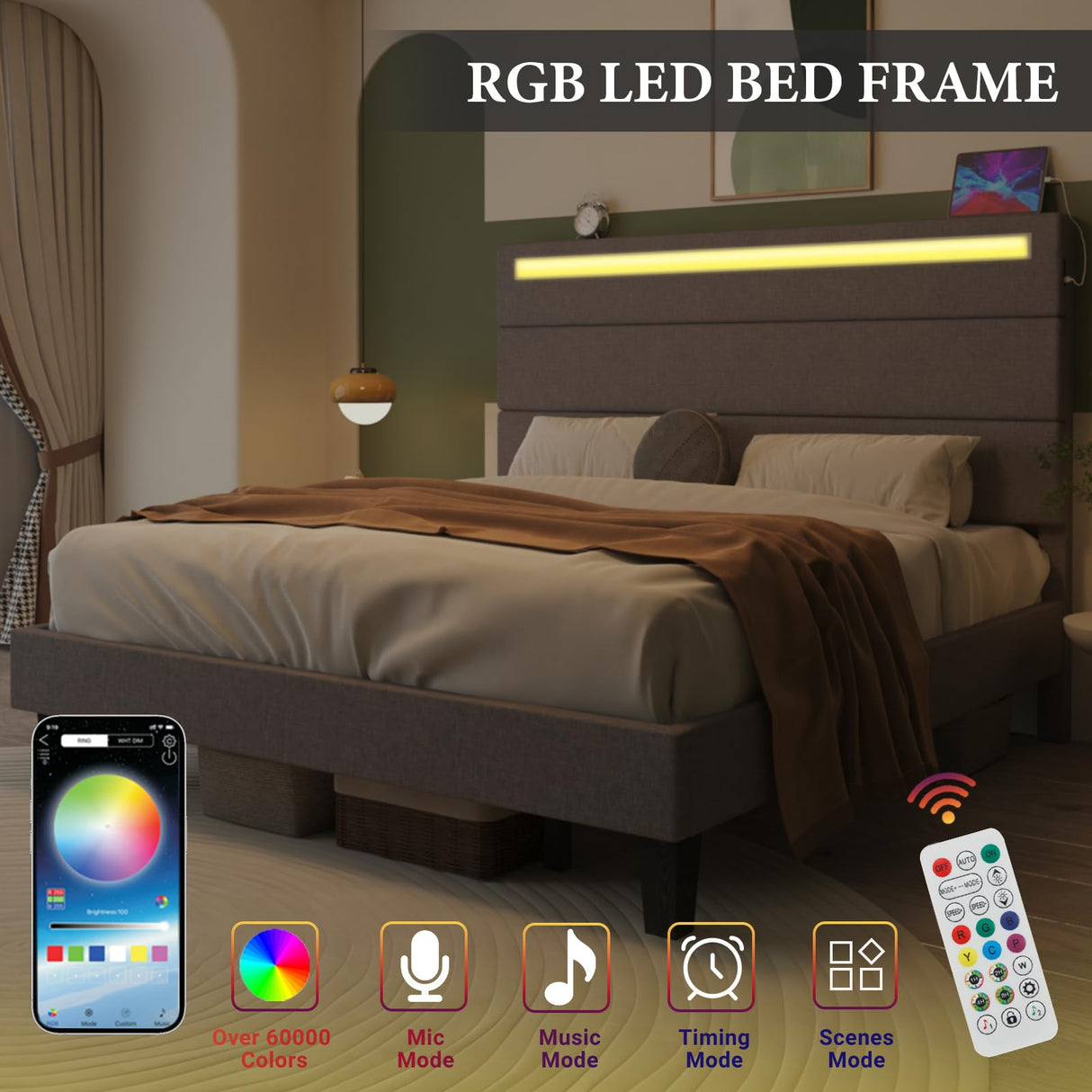 Forrise Full Size Upholstered Bed Frame with LED Lights and USB Ports - Modern Noise-Free Design in Grey Forrise