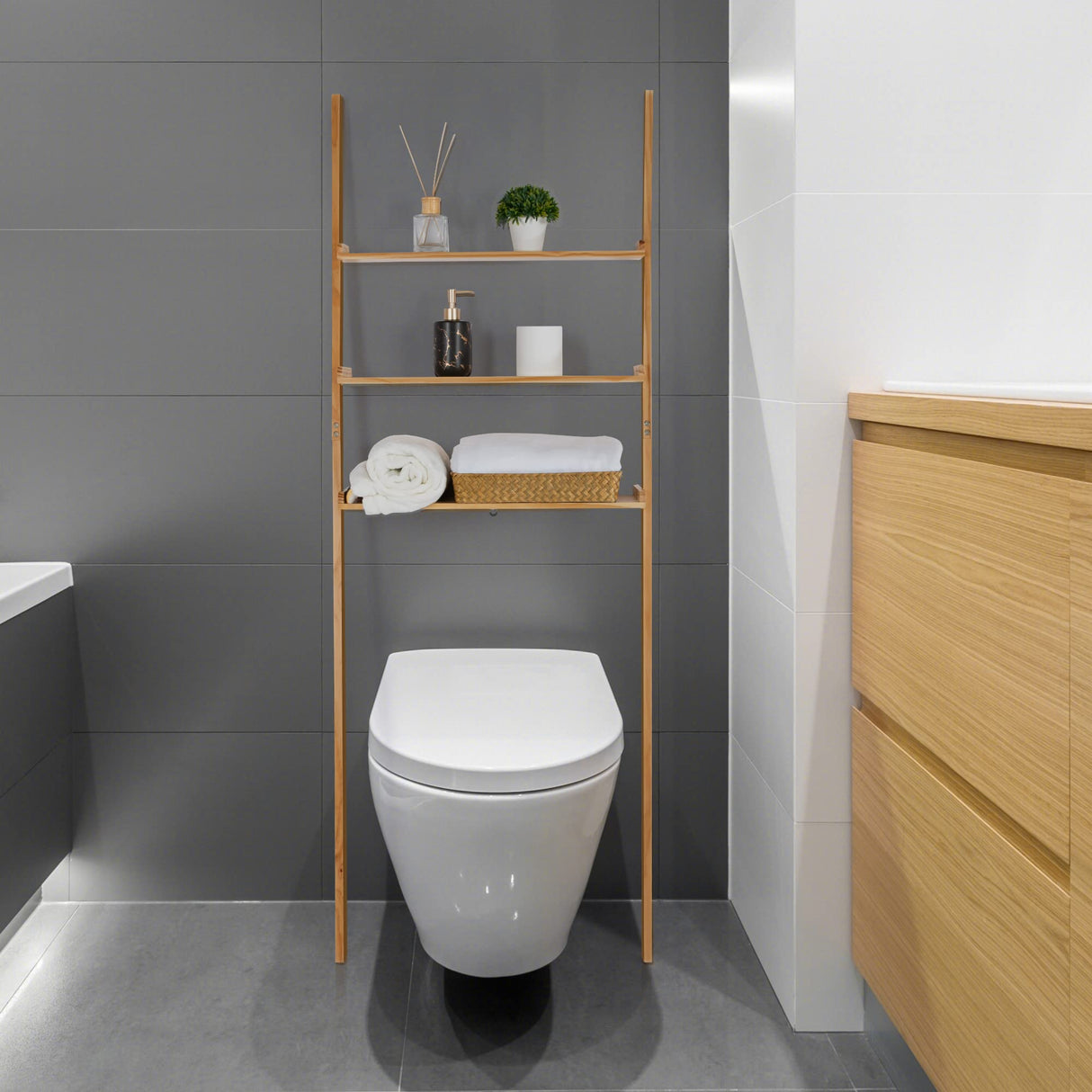 Bloddream Bathroom Organizer, 3-Tier Over The Toilet Storage Space Saver Ladder Shelf Leaning Solid Wood Storage Rack, Over-The-Toilet Storage Shelves for Bathroom, Natural Pine Wood, Adult, 67.7" Bloddream