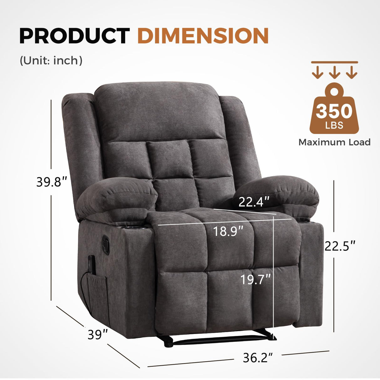 HAOMARKETS Classic Manual Recliner with Massage and Heat for Adults, Soft Fabric Recliners with Two Cup Holders, Overstuffed Heavy Duty Reclining Chair for Living Room, Grey HAOMARKETS