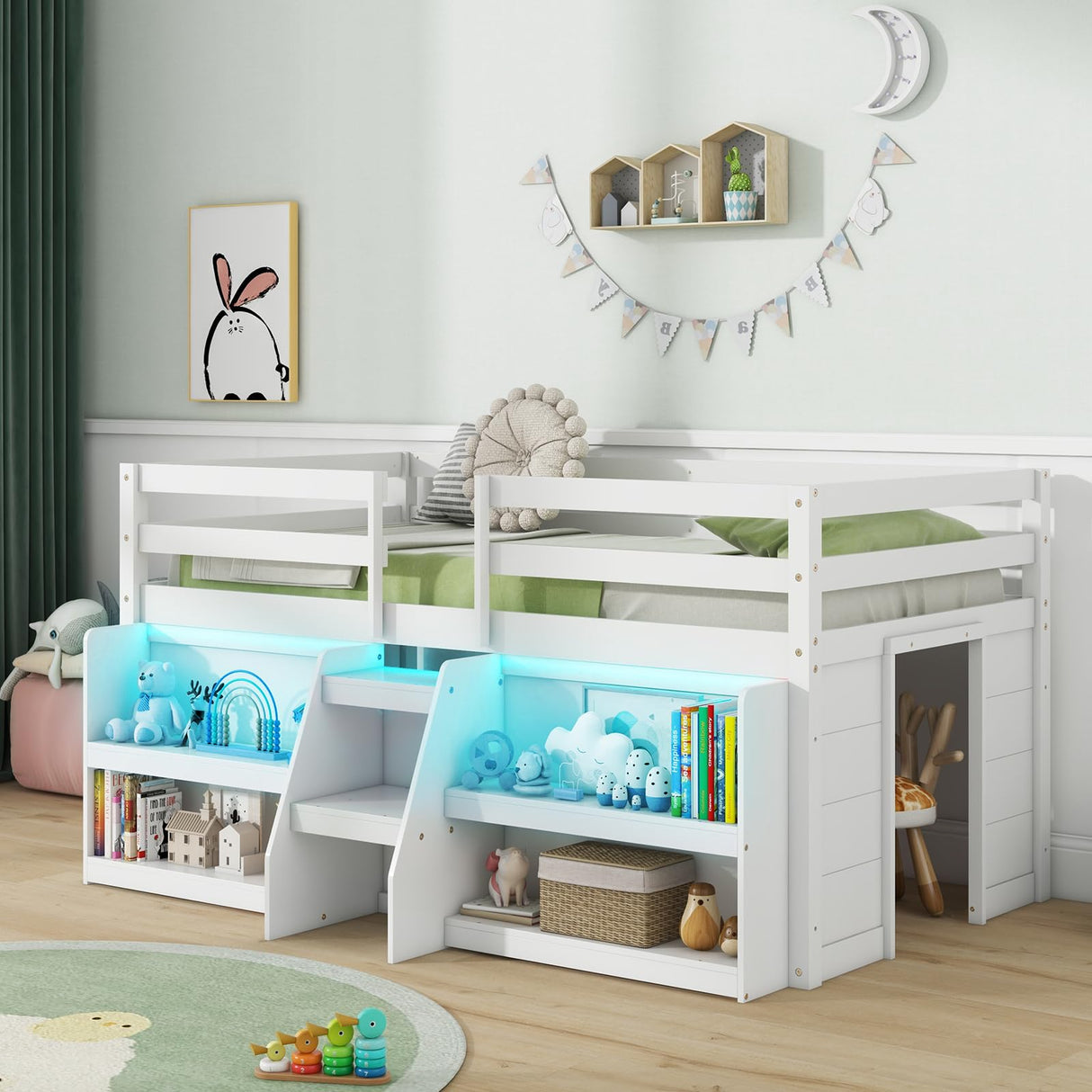 Giantex White Low Loft Bed with LED Lights, Bookcase, Storage, and Staircase for Kids Giantex