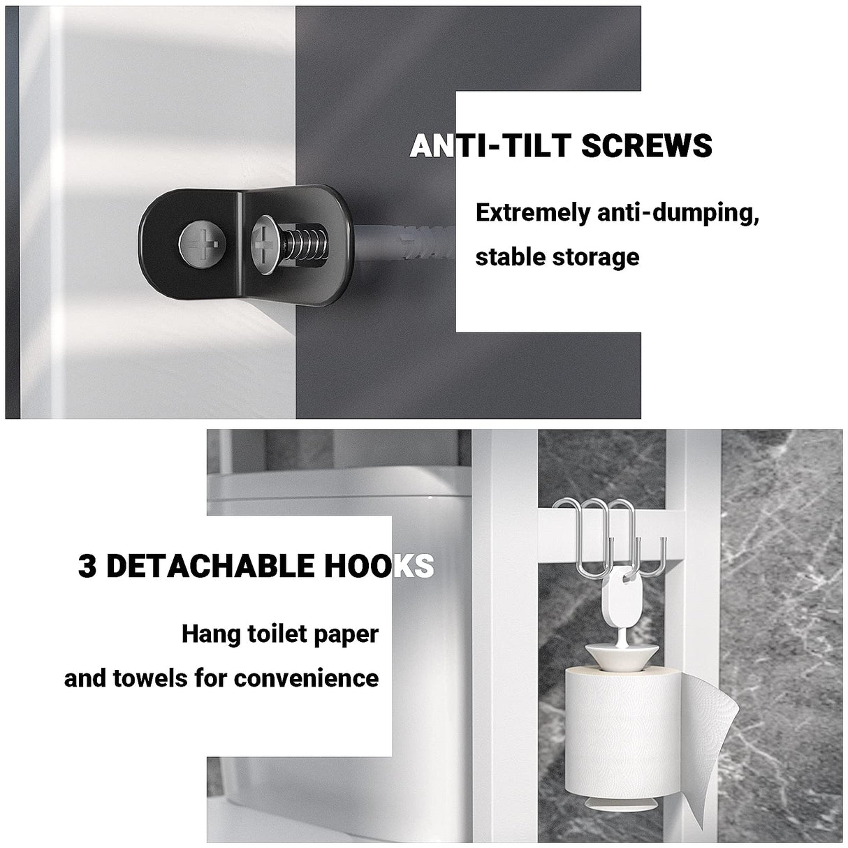 Homykic Over The Toilet Storage, Bamboo 3-Tier Over-The-Toilet Space Saver Organizer Rack, Stable Freestanding Above Toilet Stand with 3 Hooks for Bathroom, Restroom, Laundry, White Homykic